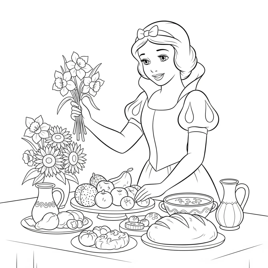 16 Schneewittchen Ausmalbilder (Gratis Malvorlage Ausdrucken) Schneewittchen sitzt am Tisch mit den Zwergen und serviert Essen, ein fröhliches Motiv zum Ausmalen