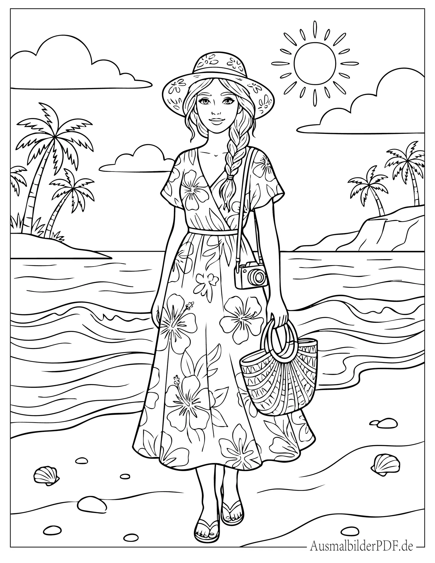 Schöne Frau in einem Sommeroutfit am Strand Ausmalbild