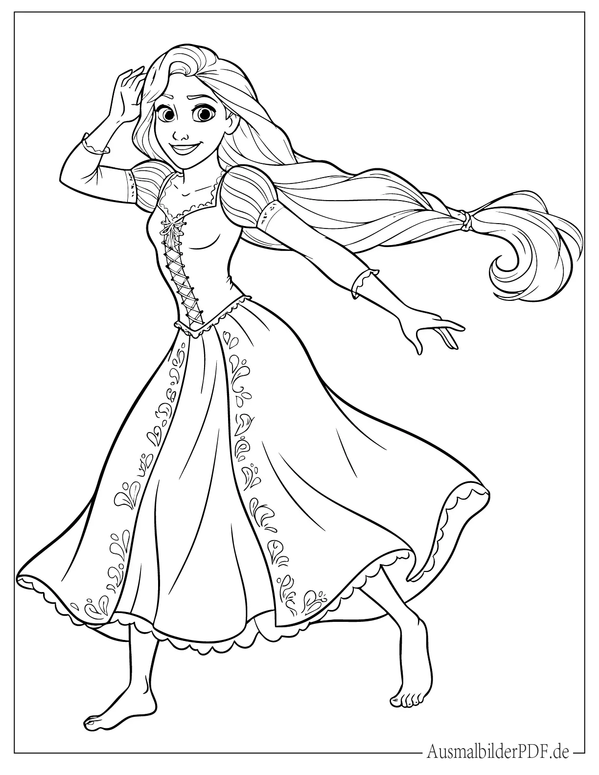 10+ Ausmalbilder Rapunzel (Gratis Malvorlagen zum Ausdrucken) Schöne Prinzessin Rapunzel tanzend zum Ausmalen