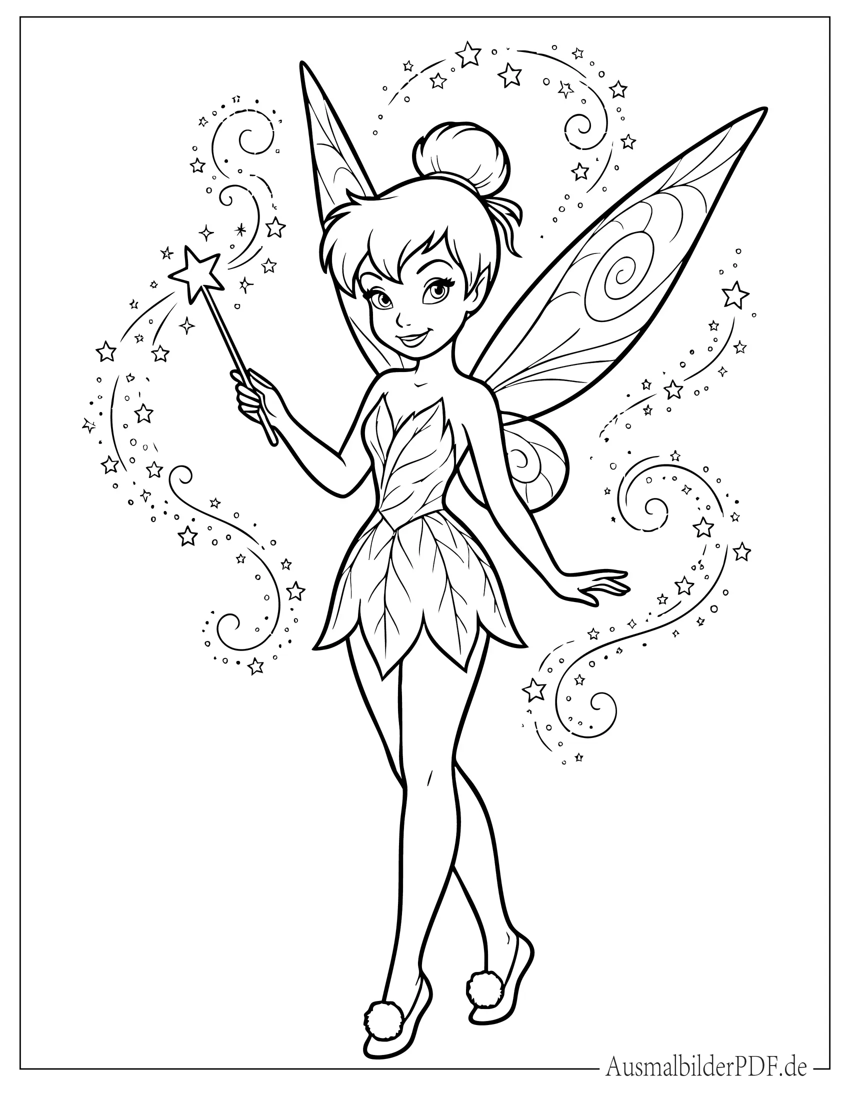 Schöne Tinkerbell mit Feenstaub hält Zauberstab Ausdruckbare Ausmalbild