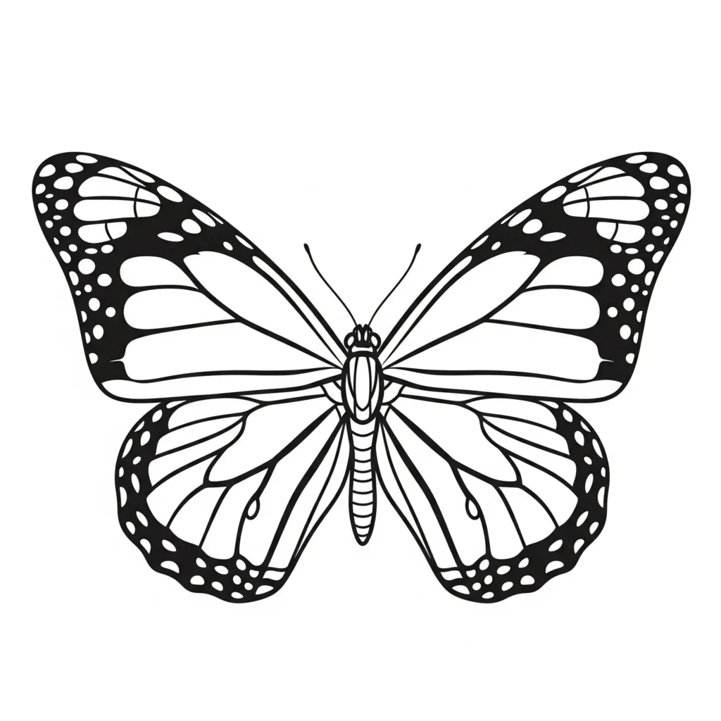 30+ Schmetterling Ausmalbilder (Gratis Malvorlage zum drucken) Ein Schmetterling mit eleganten, geschwungenen Flügeln – geeignet als Ausmalbild für Kinder zum Ausdrucken und Ausmalen.