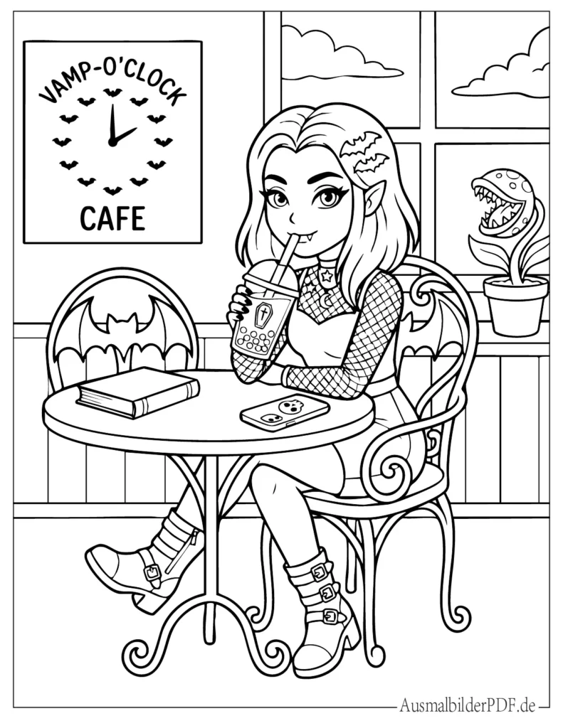 Ausmalbild eines hübschen Vampir Mädchens, das Boba Tea trinkt, für Kinder zum Drucken und kreativen Ausmalen