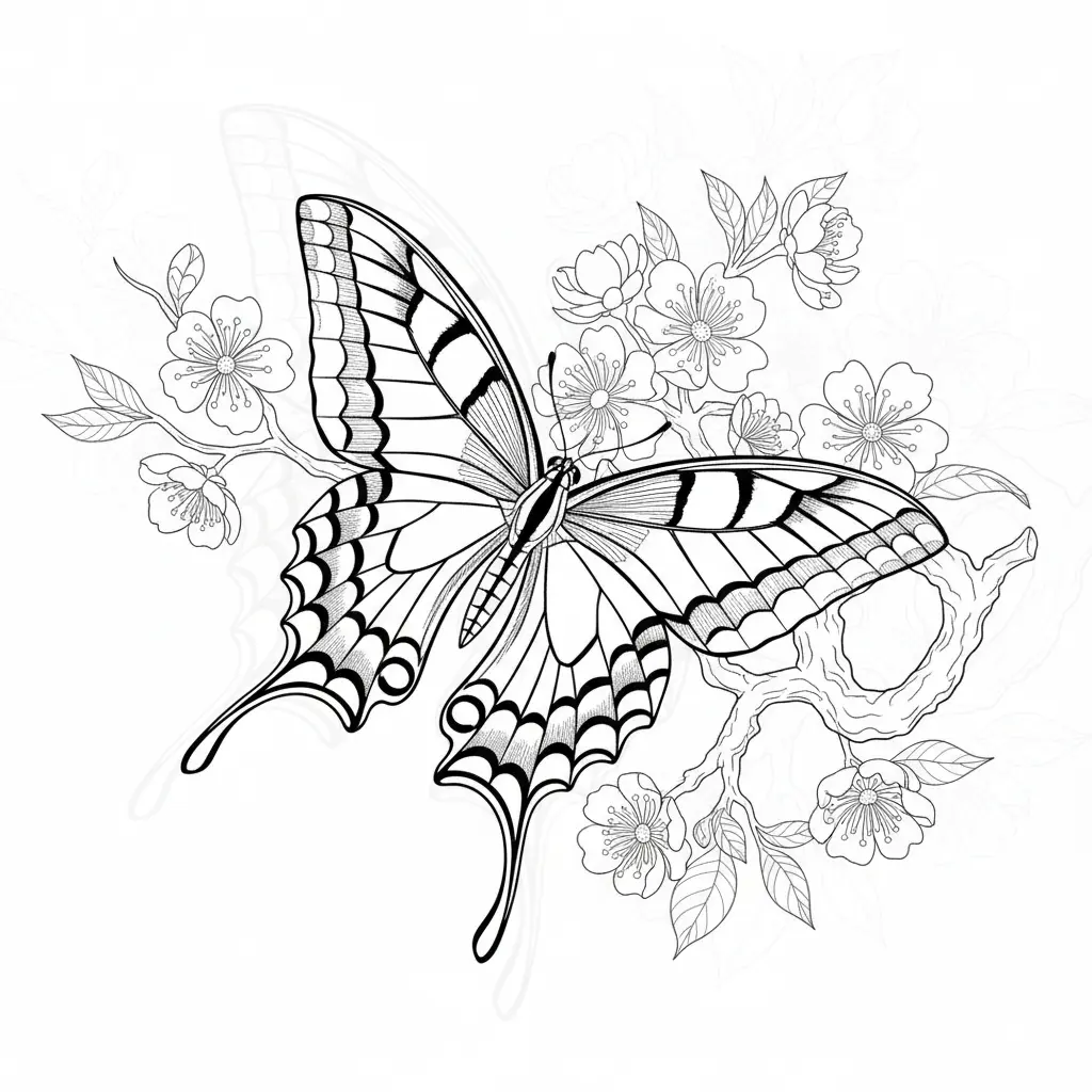 30+ Schmetterling Ausmalbilder (Gratis Malvorlage zum drucken) Ein eleganter Schwalbenschwanz-Schmetterling mit langen Flügelspitzen sitzt auf einer Blume und lädt zum farbenfrohen Ausmalen ein.