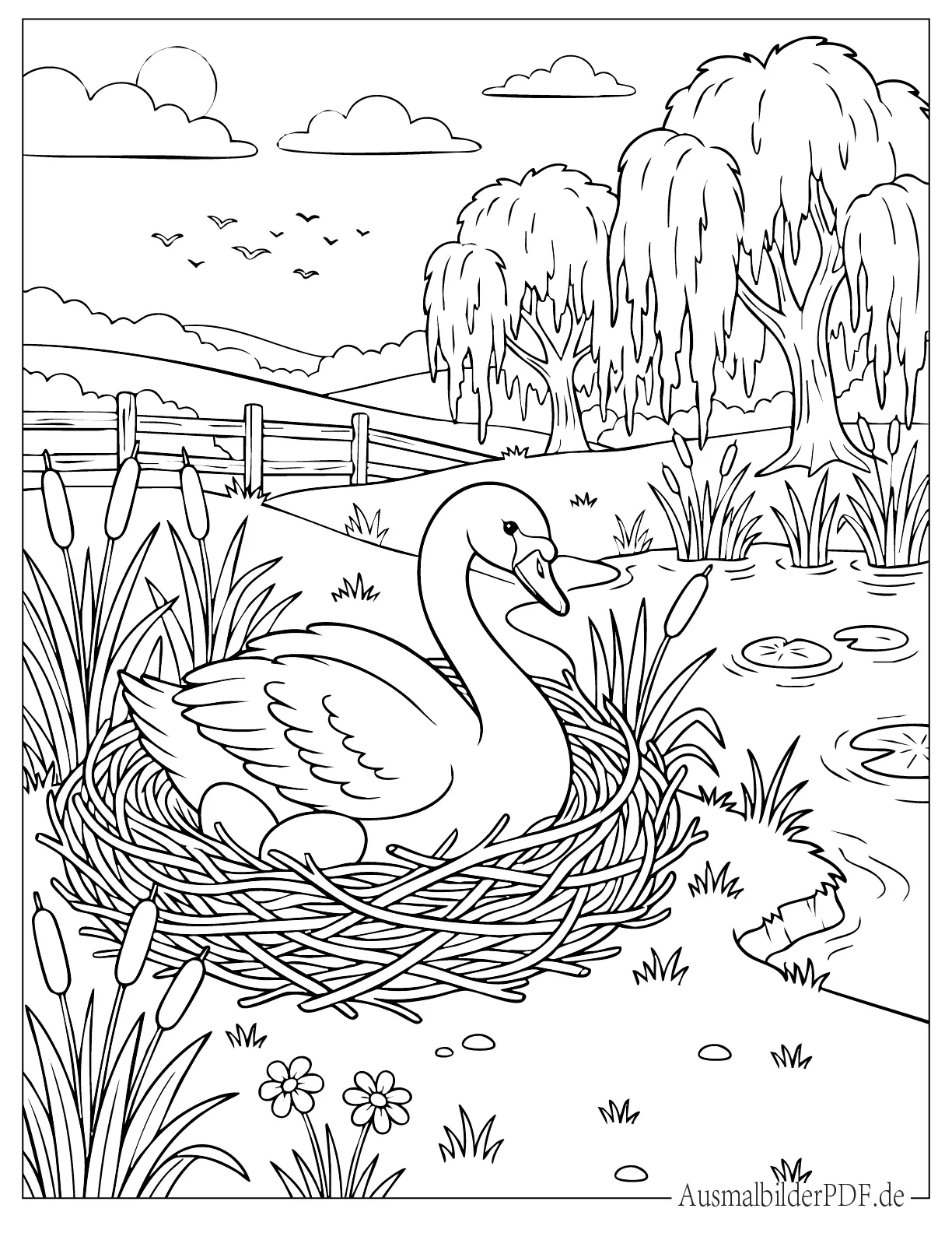Realistischer Schwan auf einem Nest Malvorlage