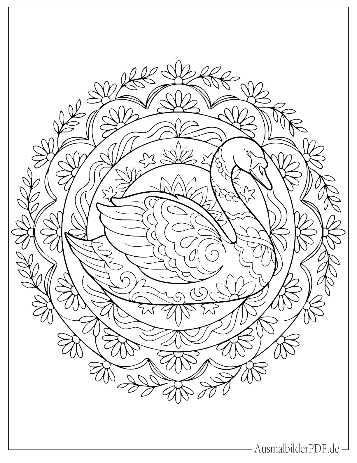 Schwan im Blumen Mandala zum Ausmalen