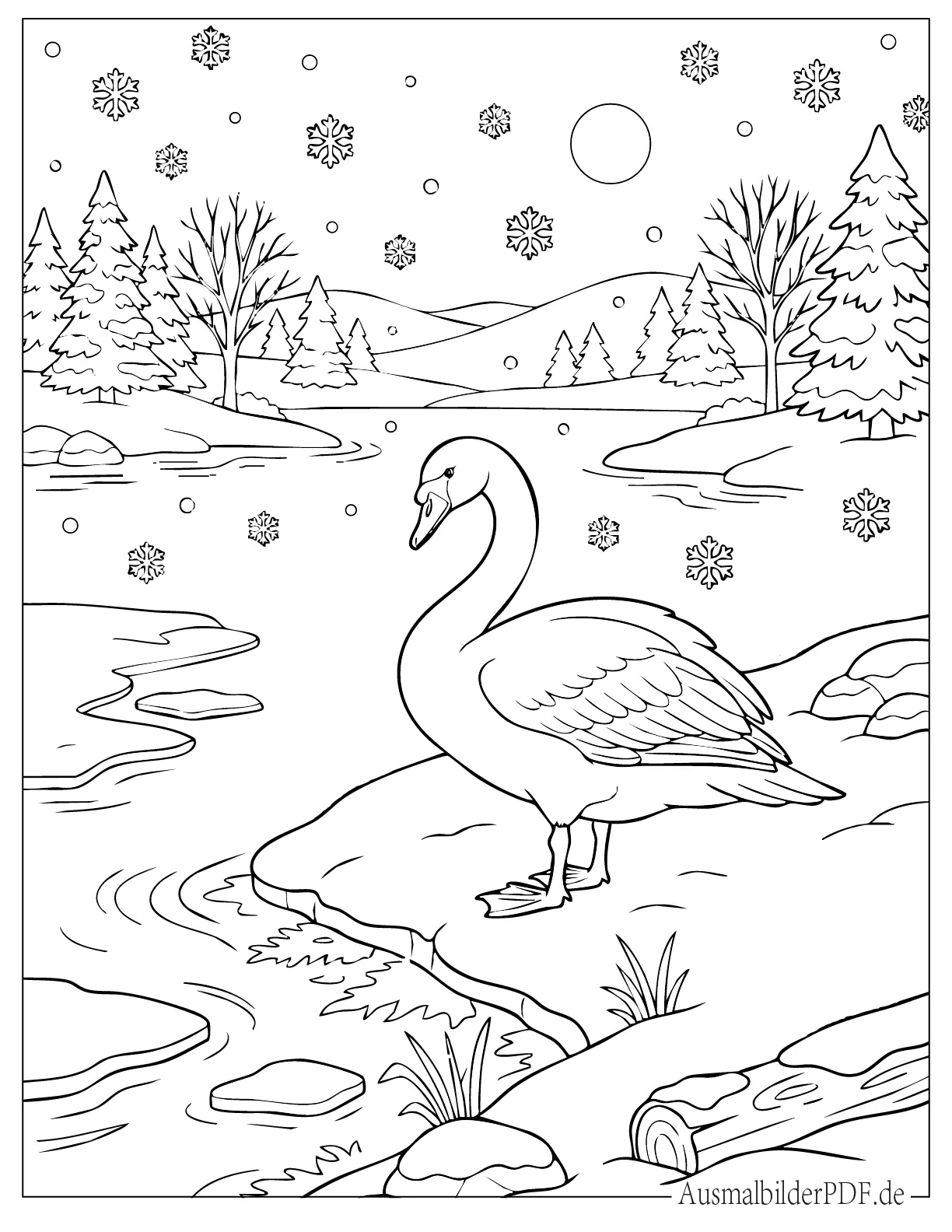 Schwan steht am Rand eines zugefrorenen Sees mit fallenden Schneeflocken zum Ausmalen