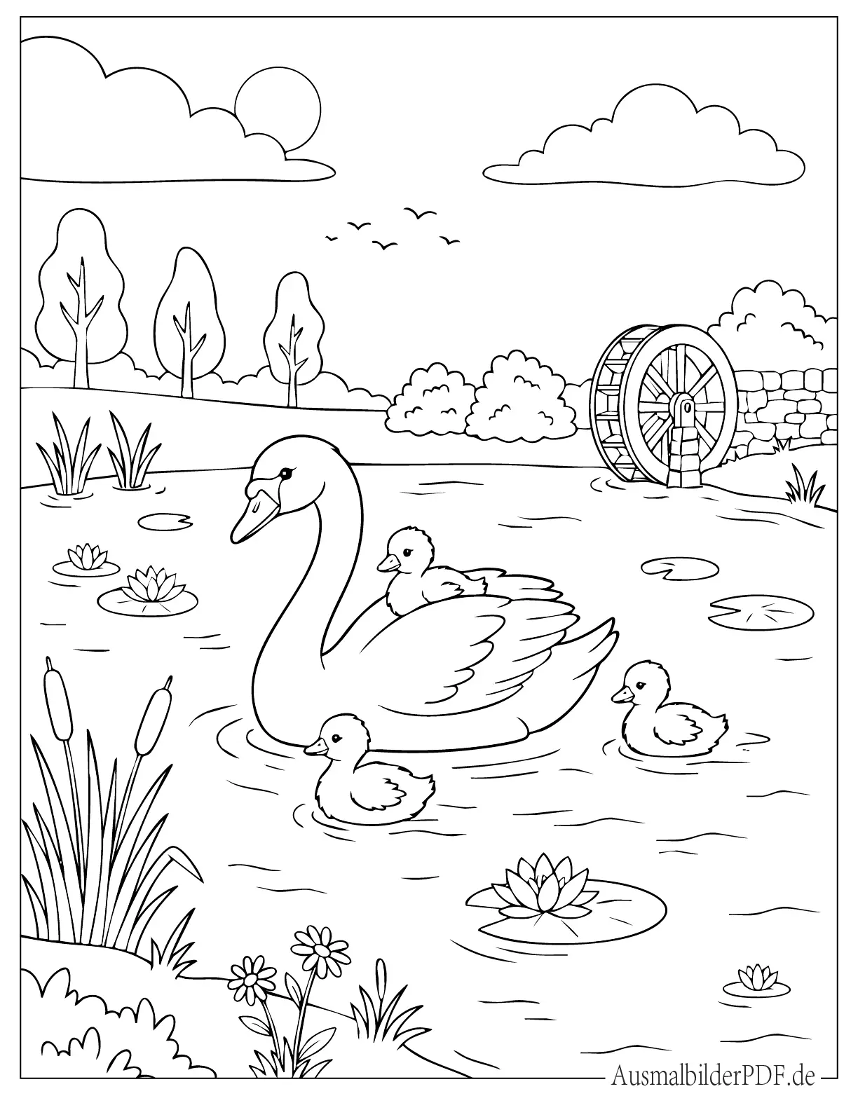 Schwanenmutter mit Jungen auf einem Teich Ausmalbild zum Ausdrucken
