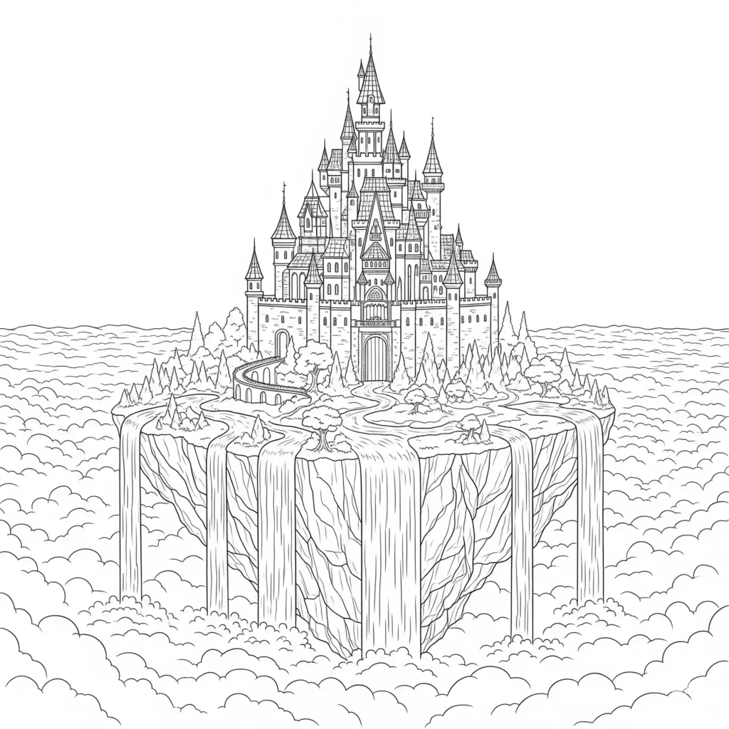 Schloss Ausmalbilder (Kostenlos Malvorlage zum Ausdrucken) Schloss malvorlage mit fantasievollem inselmotiv als kostenlose pdf druckvorlage für kinder zum ausmalen