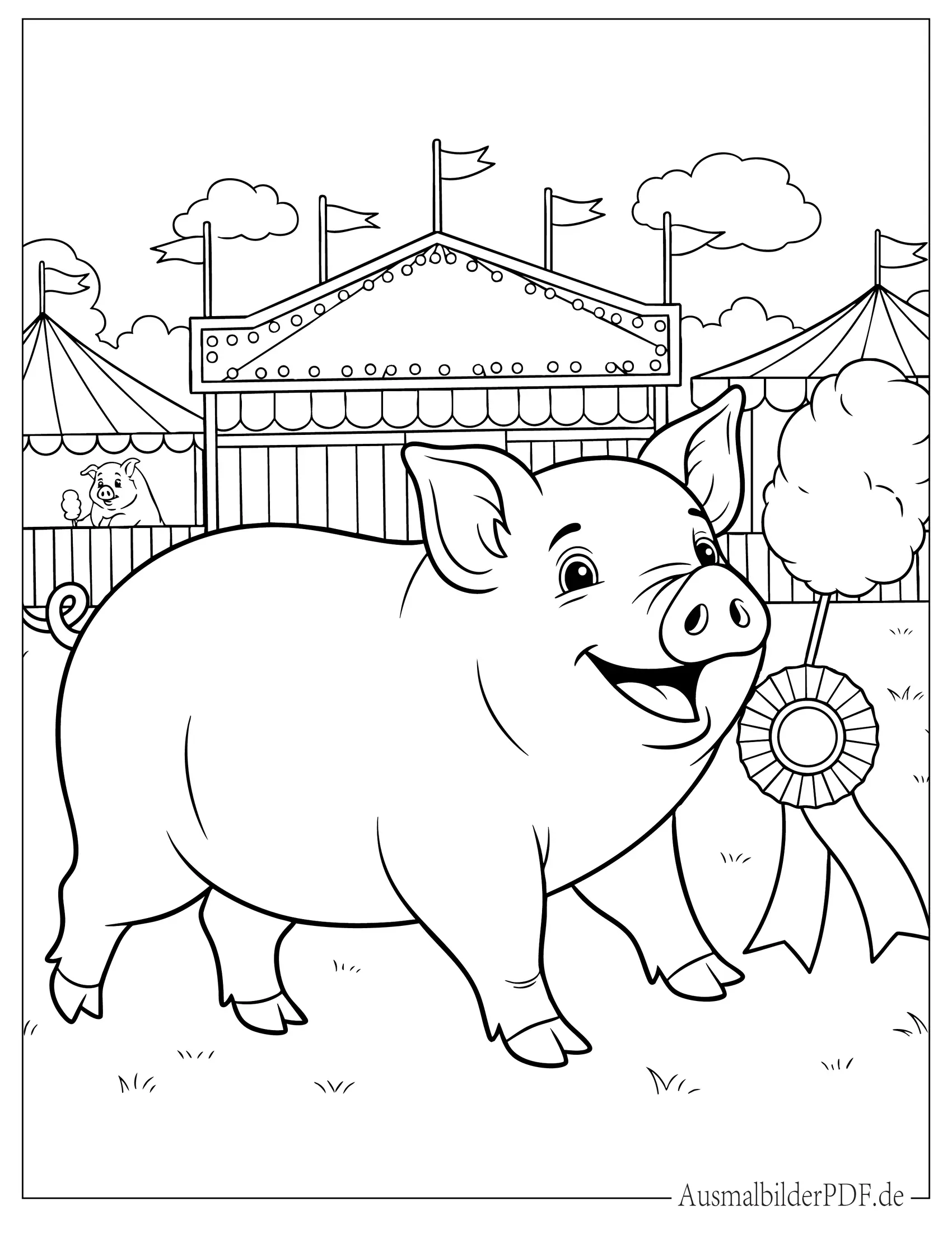 Schwein auf dem Jahrmarkt mit Zuckerwatte Ausmalbild