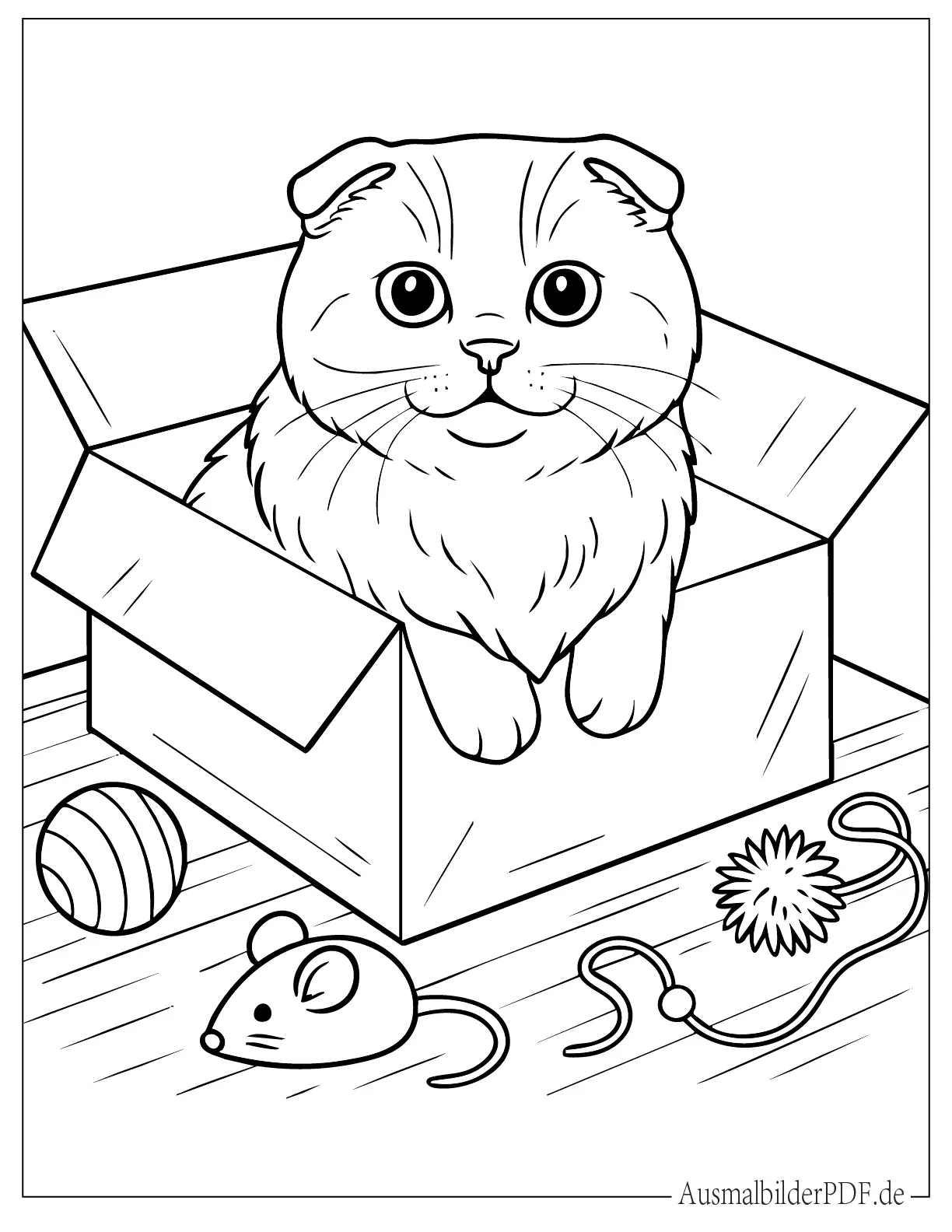Neugierige Schottische Faltohrkatze in einer Box Ausmalvorlage für Kinder