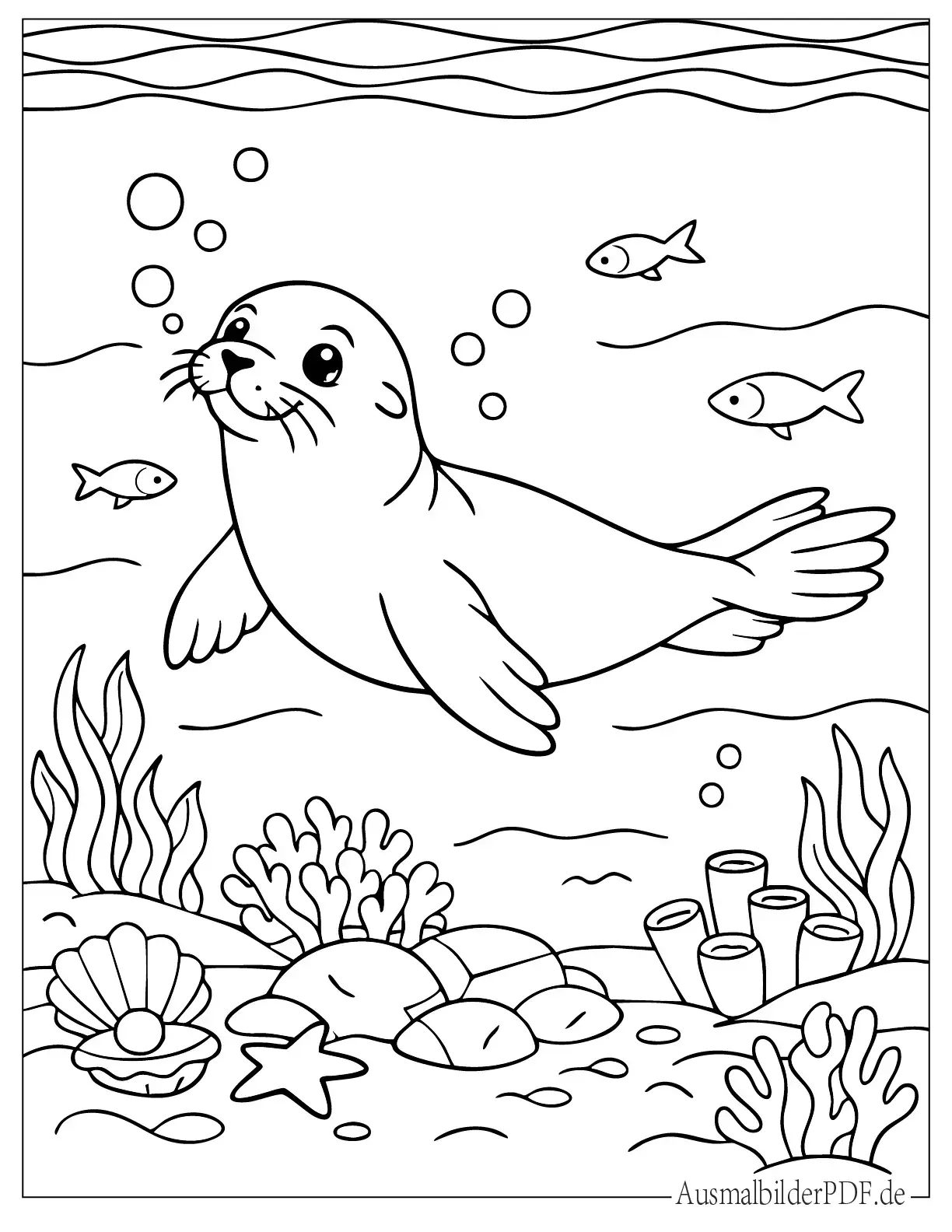 Realistischer Seelöwe schwimmt mit Fischen zum Ausmalen