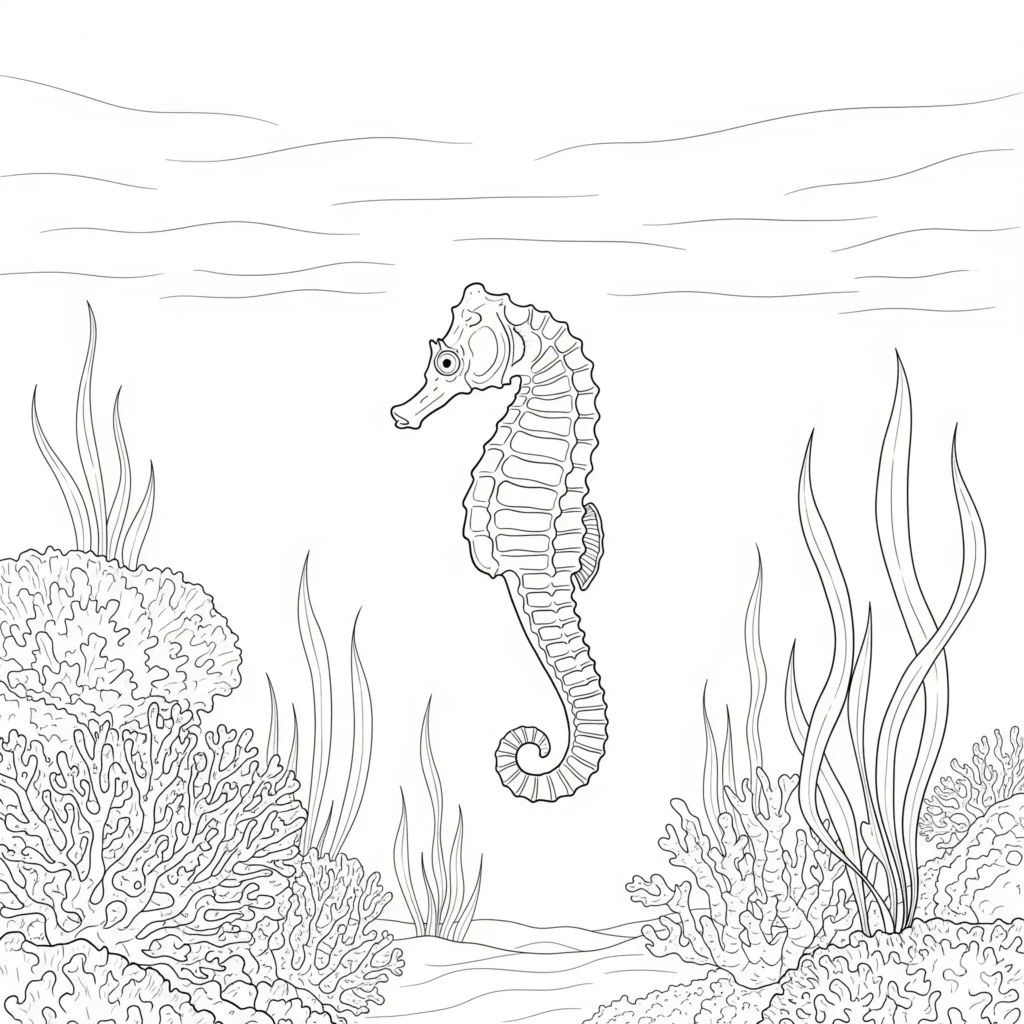 Seepferdchen Ausmalbild für Kinder mit einer fantasievollen Unterwasserwelt zum kostenlosen Ausdrucken und kreativen Gestalten