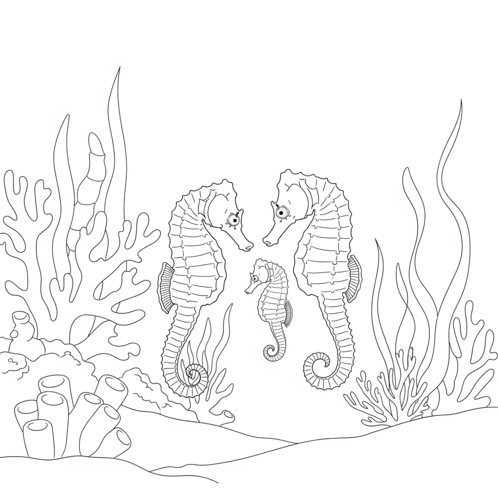 Dieses PDF zeigt eine süße Seepferdchen Familie, perfekt für Kinder
