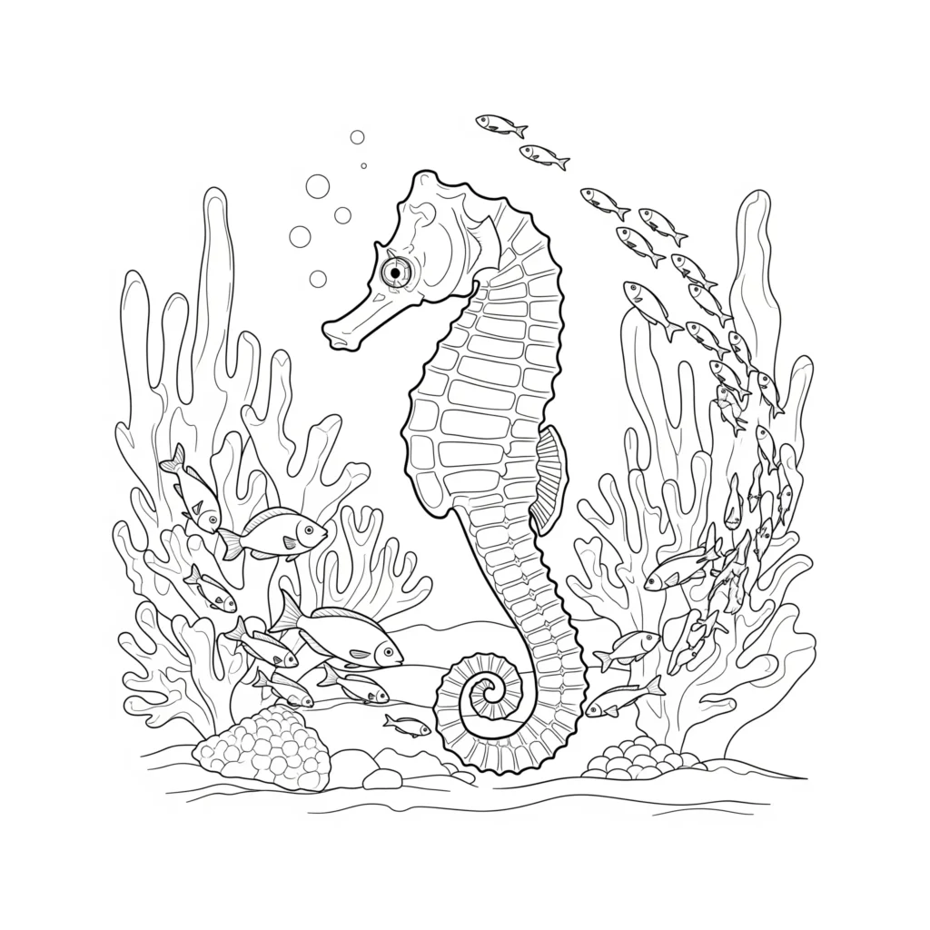 Ausmalbild mit einem freundlichen Seepferdchen, das neben einem Fisch schwimmt – ideal für Kinder zum kostenlosen Ausdrucken und fantasievollen Ausmalen