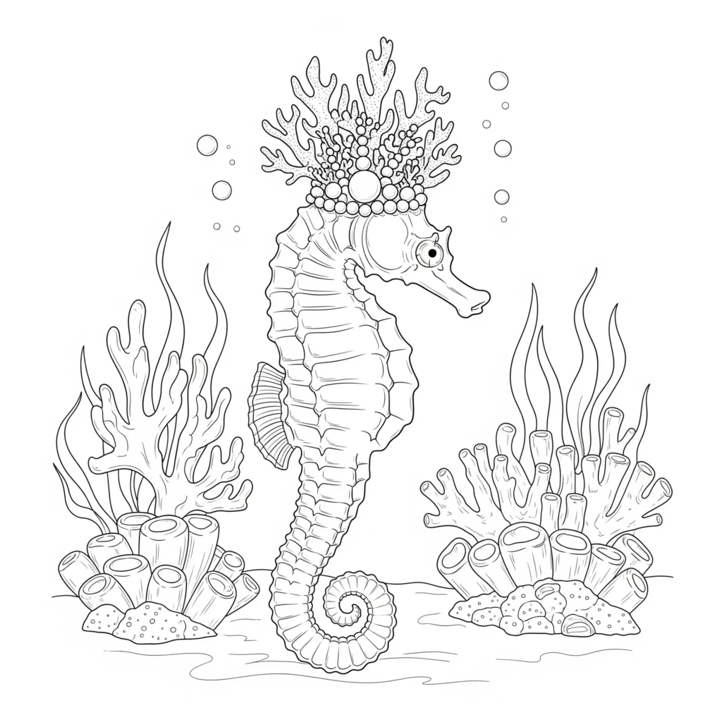 Ausmalbild mit einem eleganten Seepferdchen, das eine detailreiche Korallenkrone trägt – ideal zum kostenlosen Ausdrucken und kreativen Gestalten