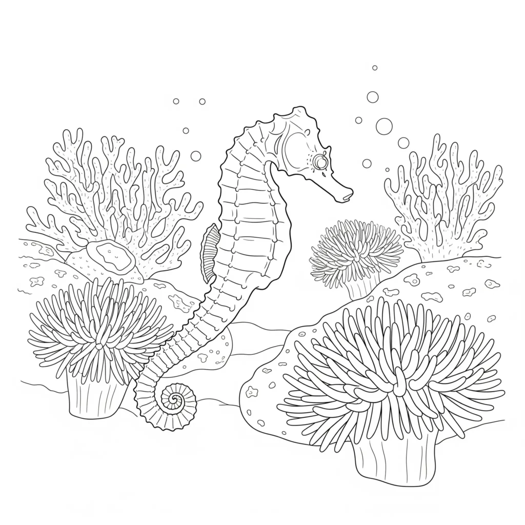 Seepferdchen malvorlage mit einem süß schwebenden Tier im Wasser zum kostenlosen Ausdrucken für Kinder und als entspannende Ausmalidee