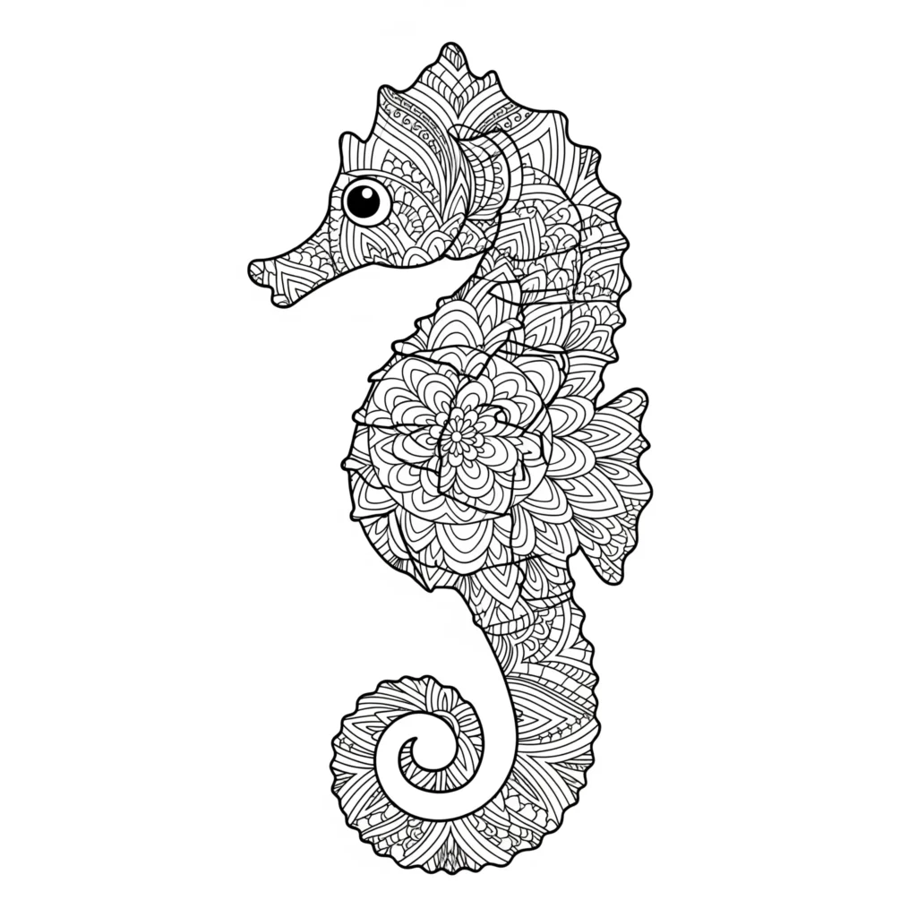 Detailliertes Seepferdchen Mandala Ausmalbild für Erwachsene mit dekorativen Mustern zum Ausdrucken und entspannenden Ausmalen zu Hause