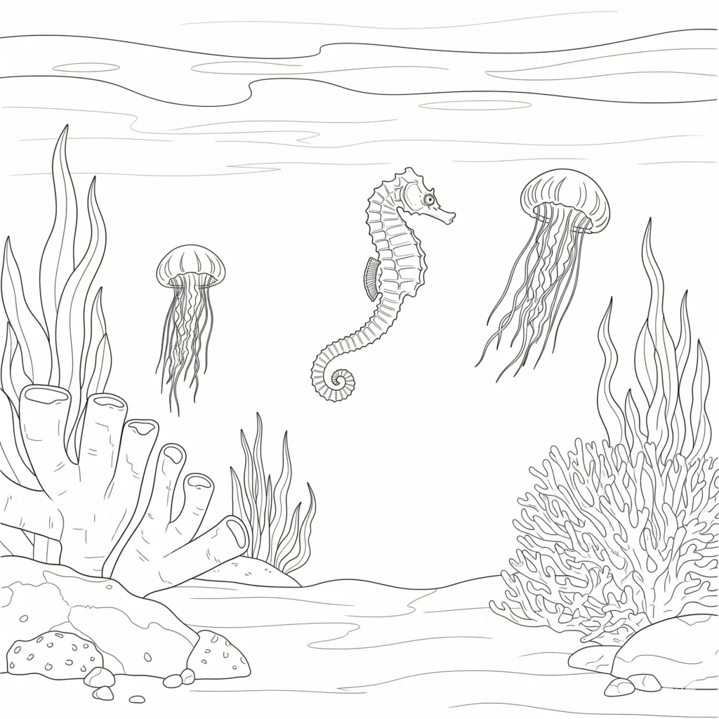 Ausmalbild mit einem Seepferdchen und einer Qualle in einer fantasievollen Ozeanszene zum Ausdrucken für Kinder als kreative und kostenlose Malvorlage