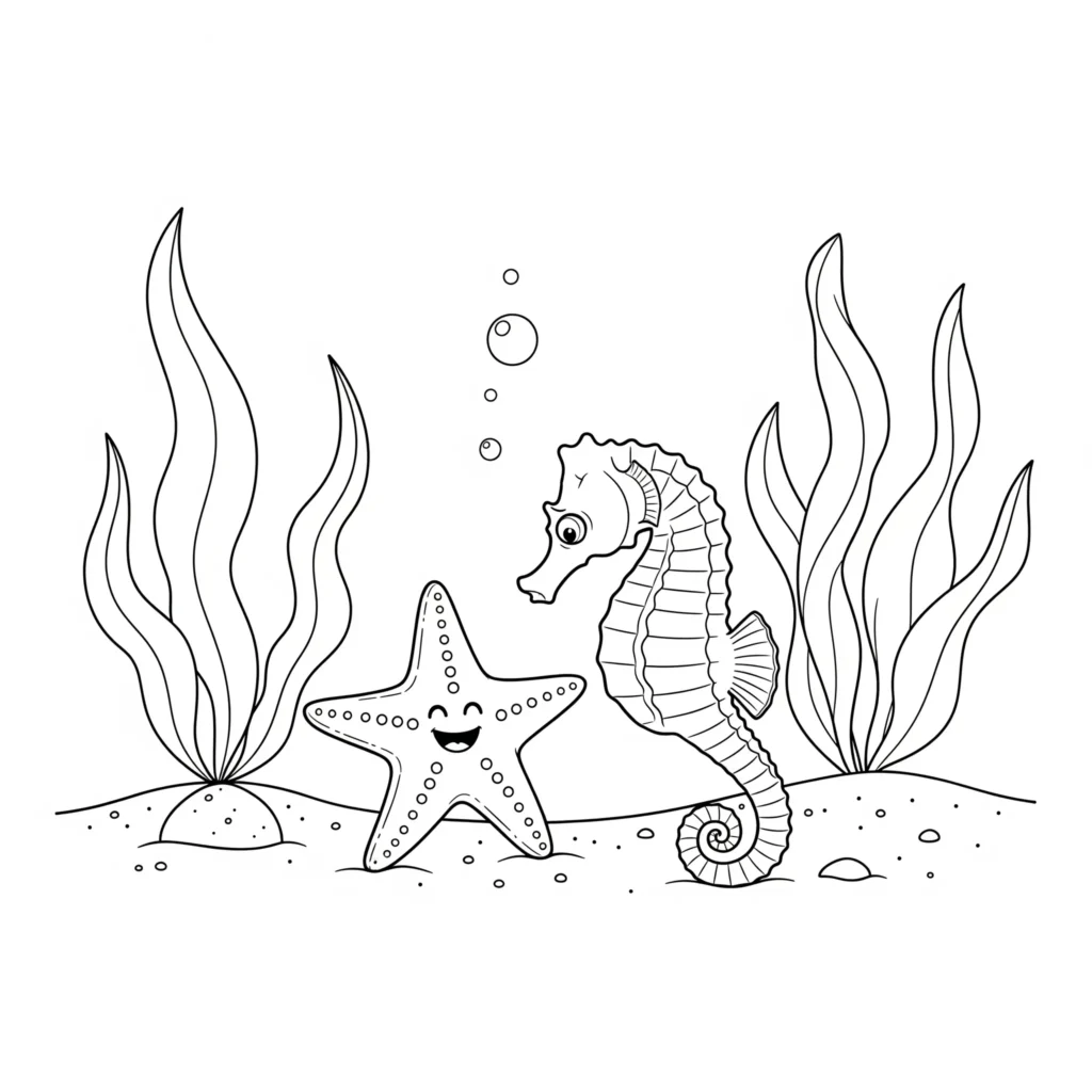 Diese Malvorlage zeigt ein fröhliches Seepferdchen neben einem Seestern. Ideal für Kinder