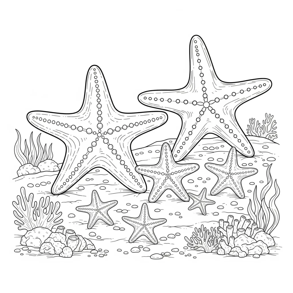 Seestern Ausmalbilder (Gratis Malvorlage zum Ausdrucken) Seestern Familie Ausmalbild kostenlos als niedliche pdf vorlage zum ausdrucken für kinder zum kreativen malen