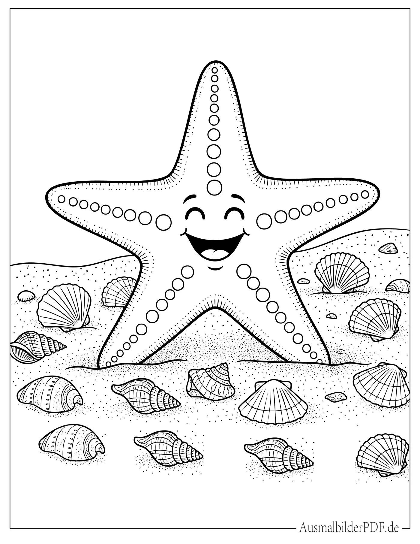 Lachender Seestern im Sand mit vielen Muscheln Malvorlage