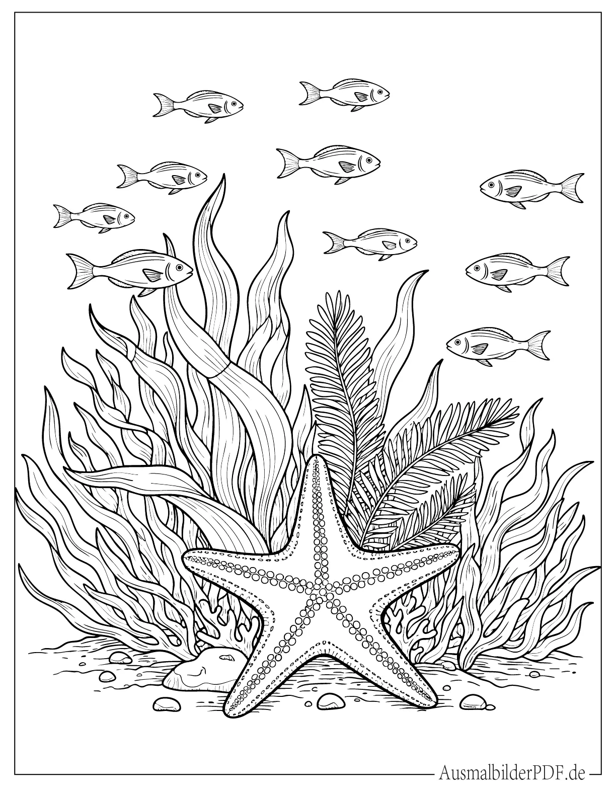 Ausmalbild Seestern am Meeresboden mit Fischen