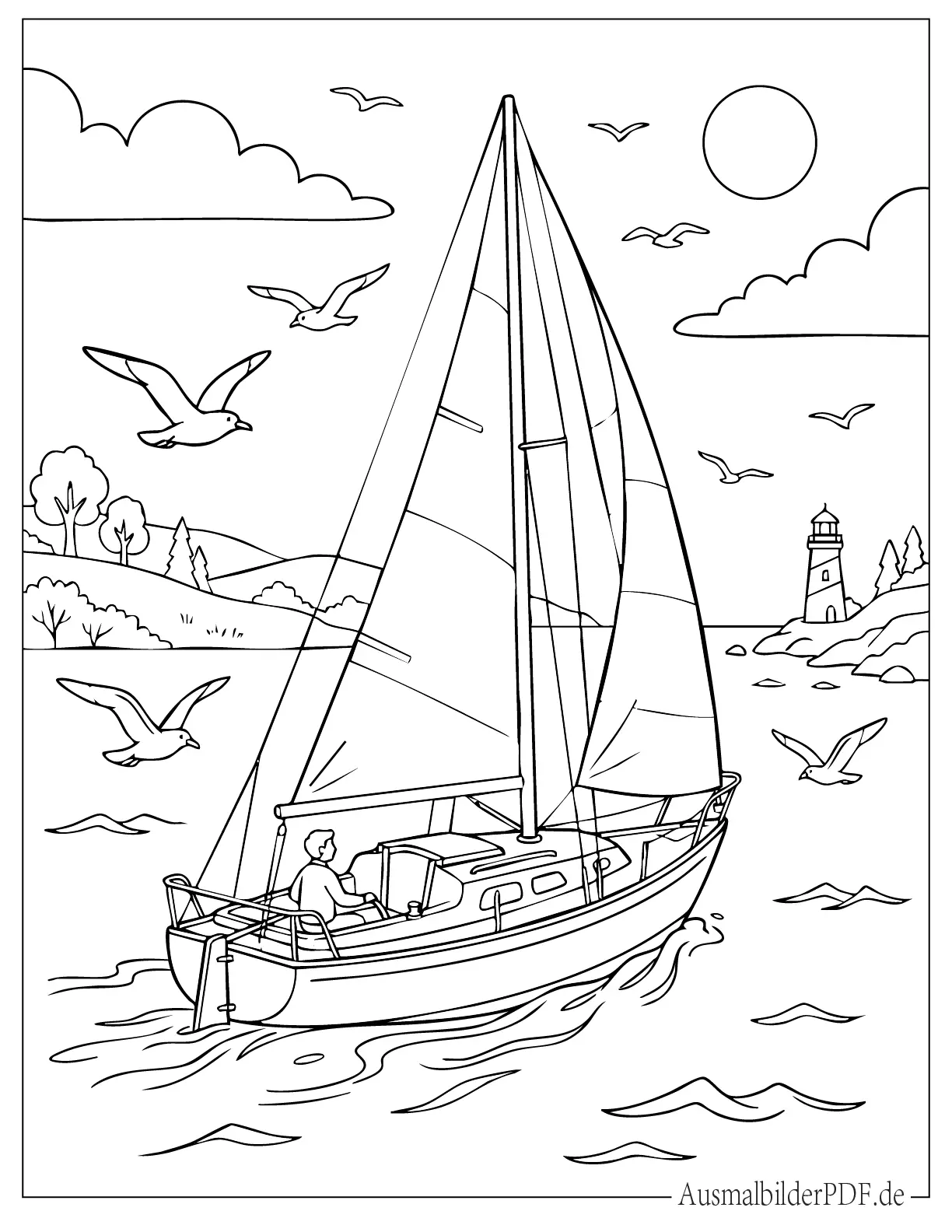 Segelboot auf dem Wasser mit Möwen Malvorlage für Kinder