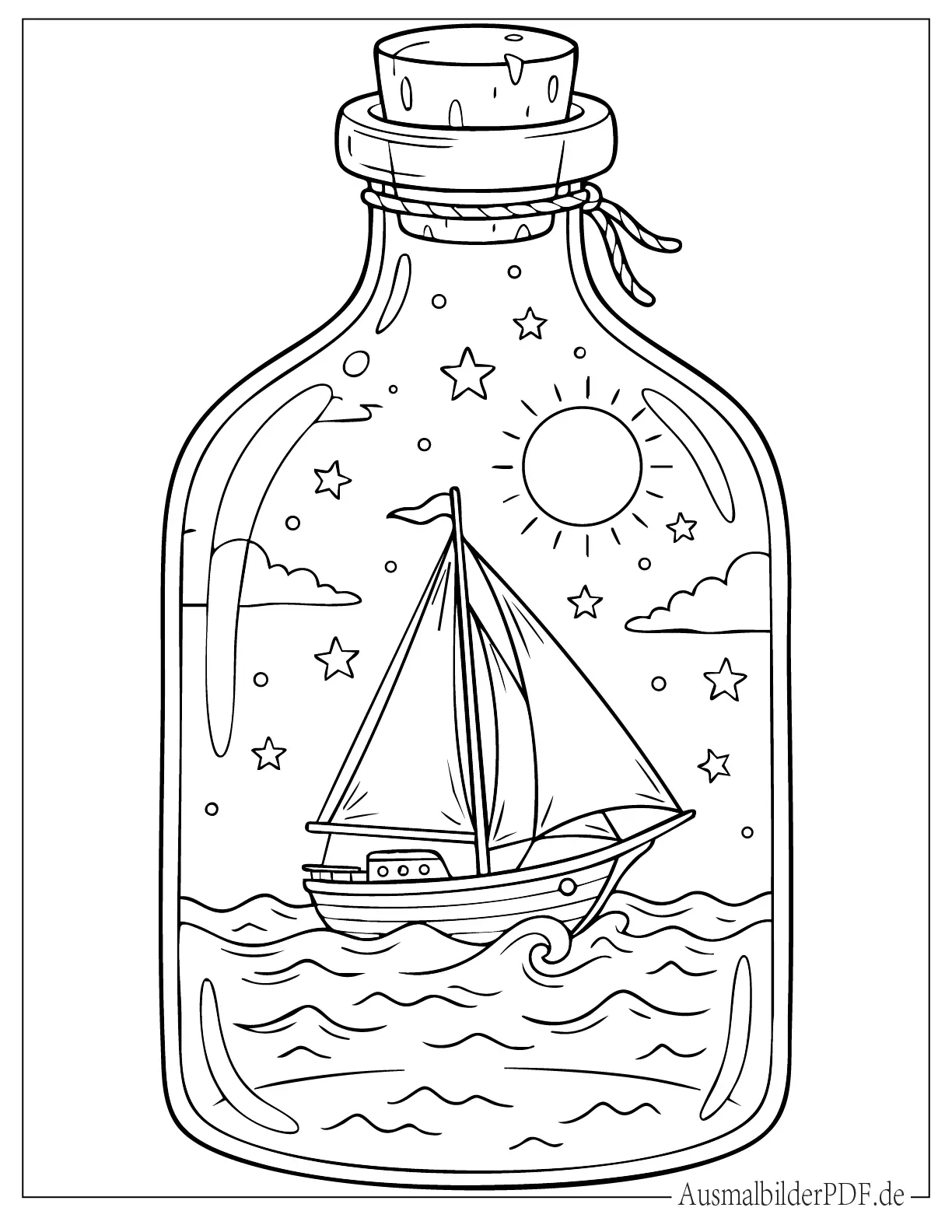 Segelboot schwimmt in einer breiten stehenden Glasflasche mit Sternen und Sonne Ausmalbild