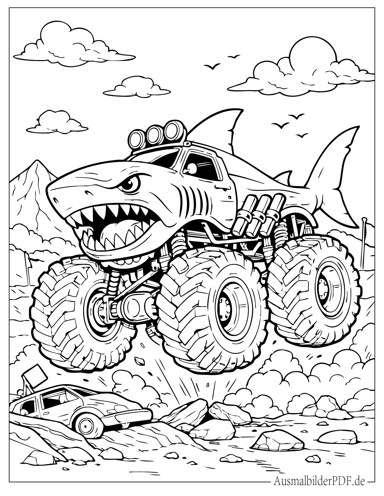 20 MonsterTruck Ausmalbilder (Gratis Vorlagen zum drucken) Shark Monstertruck zum Ausmalen