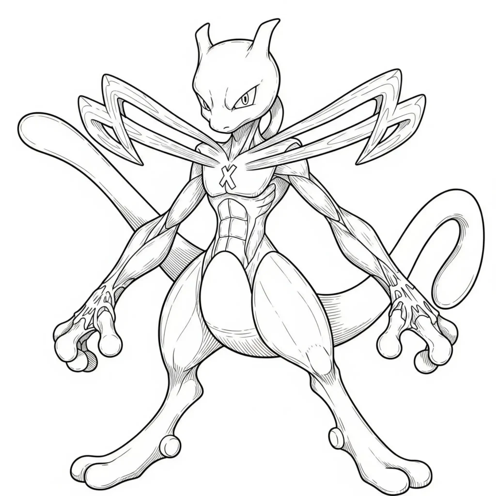 Das Shiny Mega Mewtu Ausmalbild bietet viele feine Details zum Ausmalen. Eine tolle Vorlage für Kinder, die gerne präzise und kreativ arbeiten.