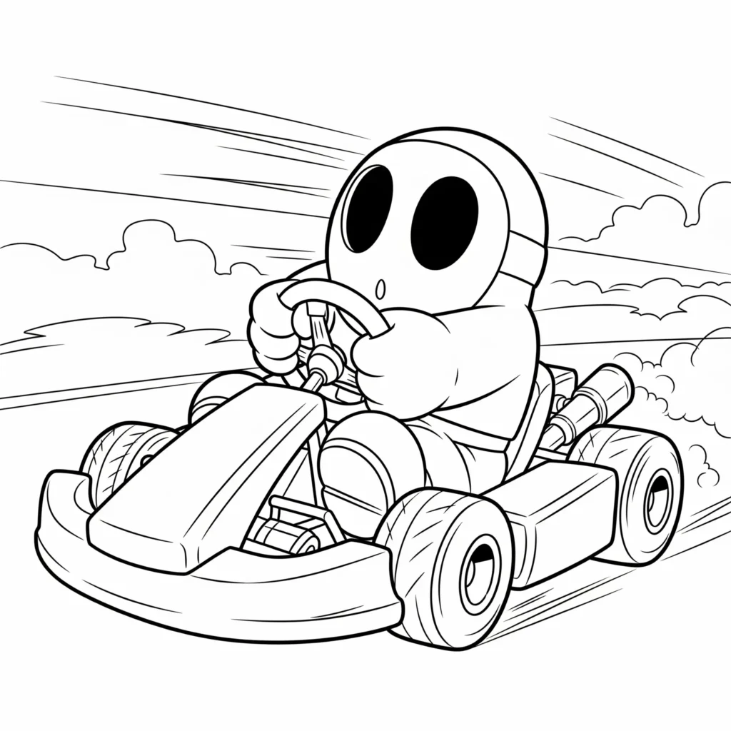 Kostenloses Ausmalbild mit Shy Guy im Kart auf der Rennstrecke. Als PDF drucken, perfekt für Kinder, Erwachsene und Fans von Mario Kart.