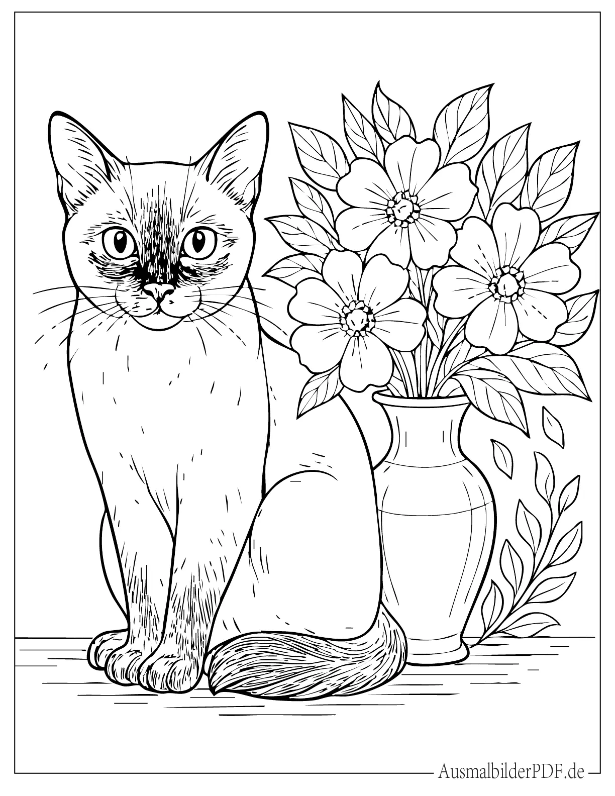 Realistische Siamkatze sitzt neben Blumenvase Ausmalbild