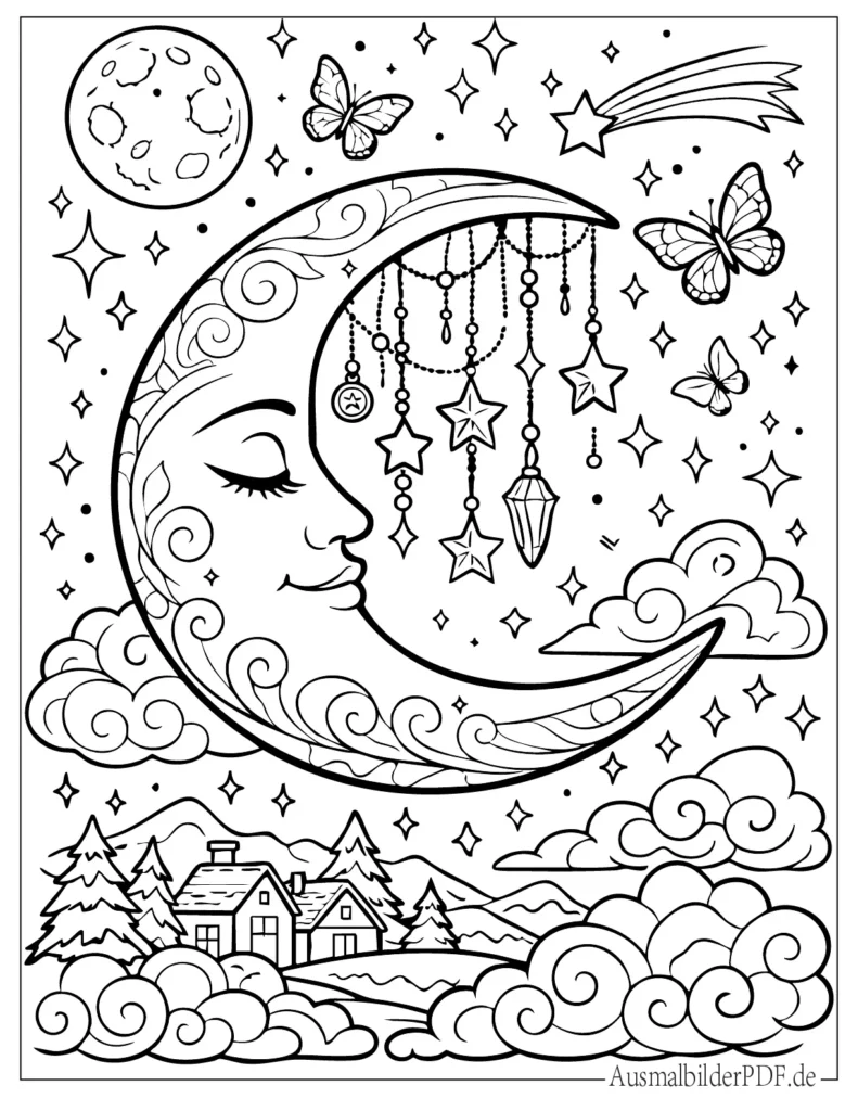 Sichelmond Ausmalbild für Kinder und Erwachsene, einfache Mond Malvorlage zum Ausdrucken und kreativen Ausmalen