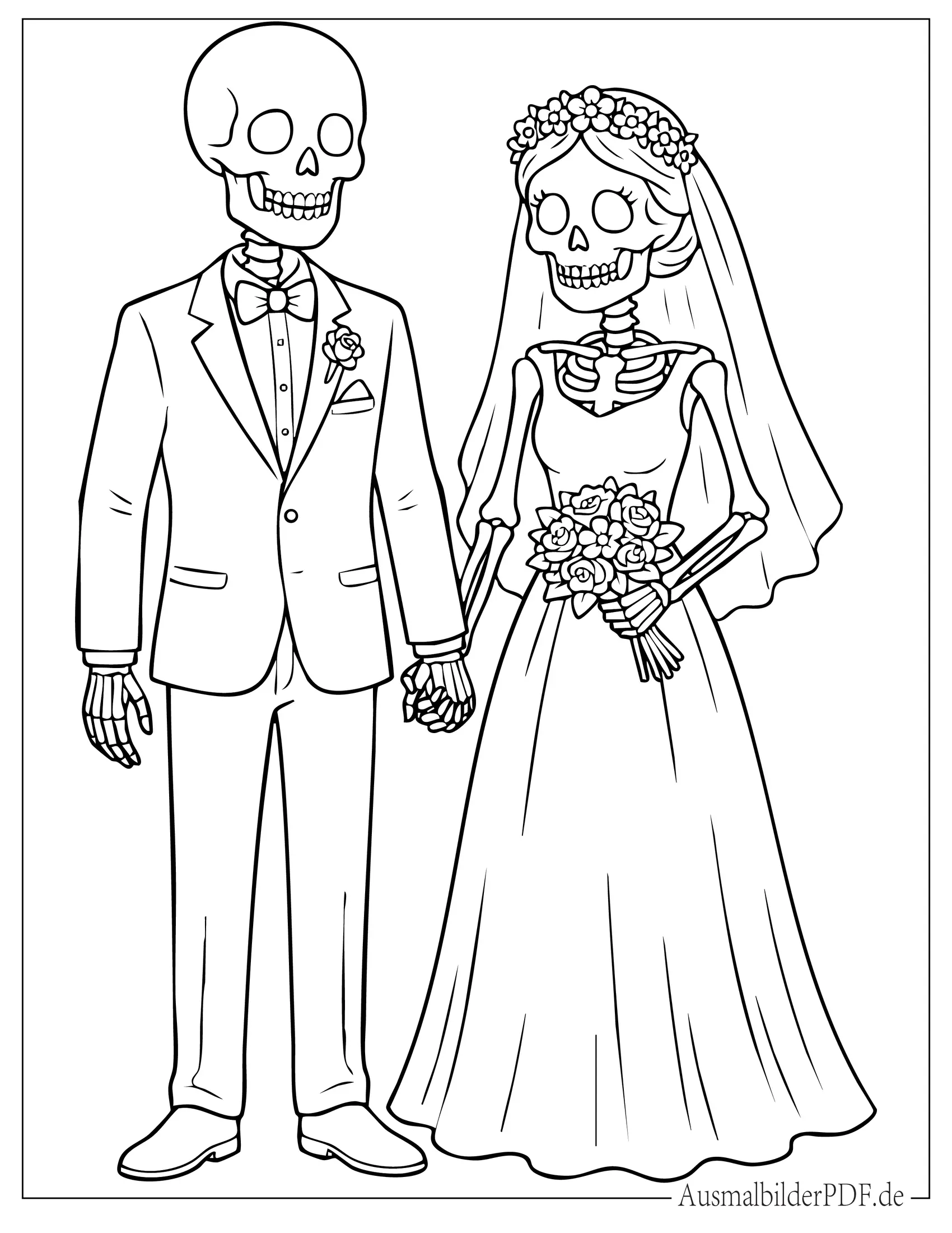 Skelett Braut und Bräutigam im Hochzeitskleid Ausmalbild zum Ausdrucken