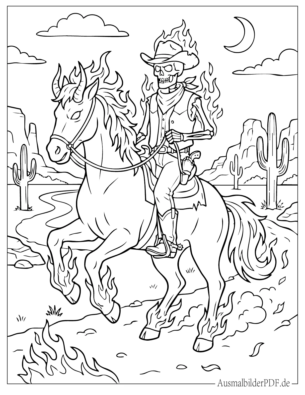 Flammender Skelett Cowboy auf einem Dämonenross zum Ausmalen