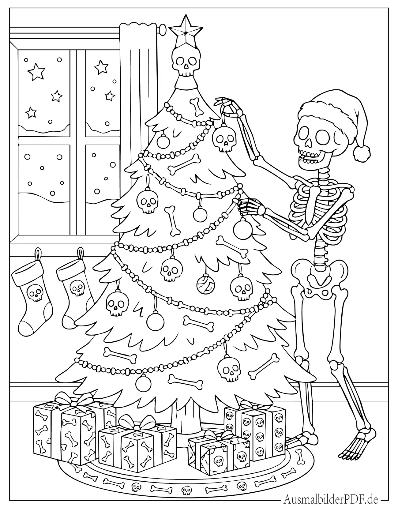 Skelett schmückt einen Weihnachtsbaum mit Totenkopf Motiven Ausmalbild