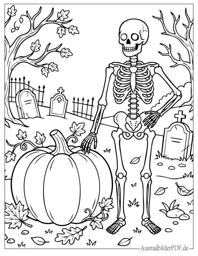 Skelett steht neben einem Kürbis als Malvorlage, perfekte Halloween Szene für Kinder zum Ausdrucken und Ausmalen