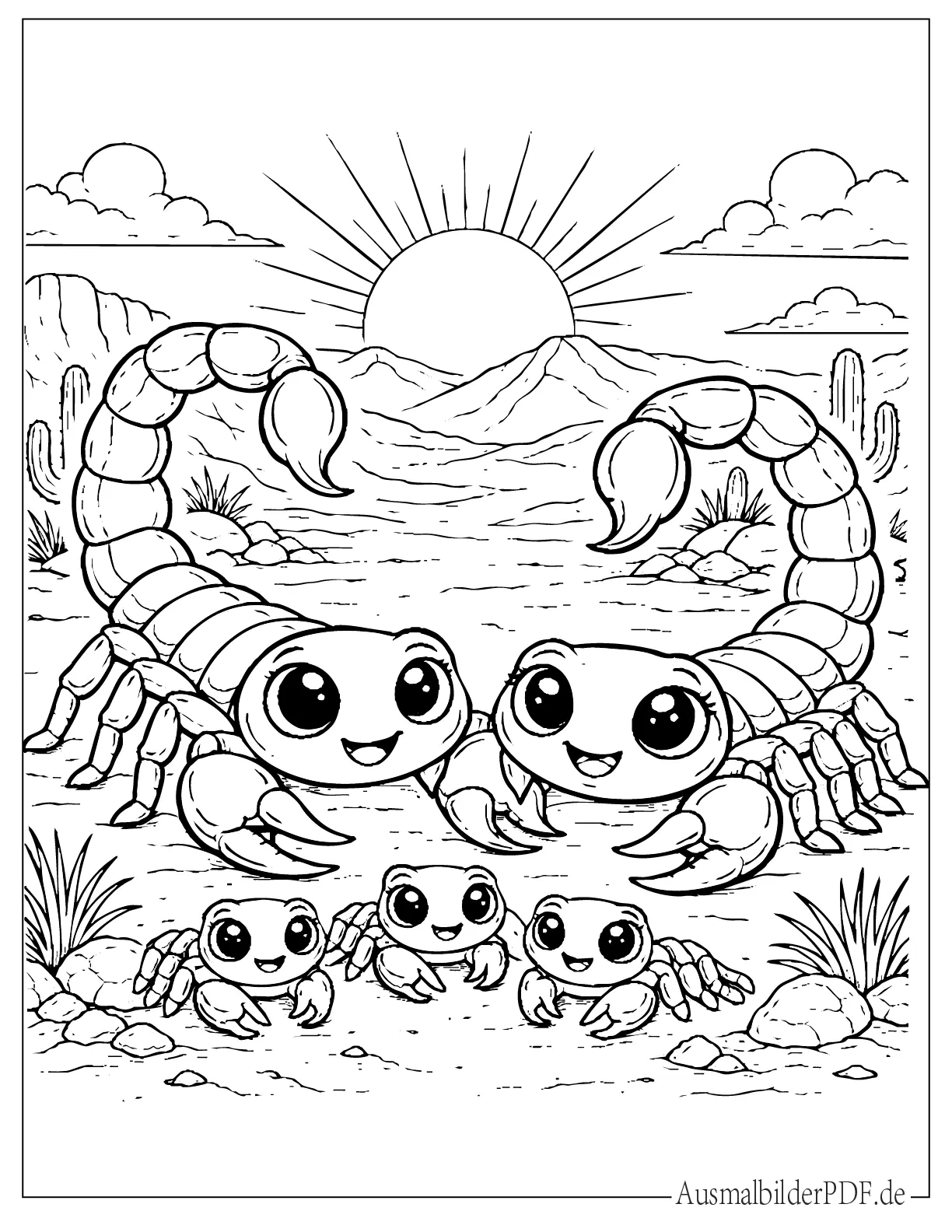 Skorpion Ausmalbilder (Kostenlos Malvorlagen zum Ausdrucken) Niedliche Kawaii Skorpion Familie Ausmalbild für Kinder