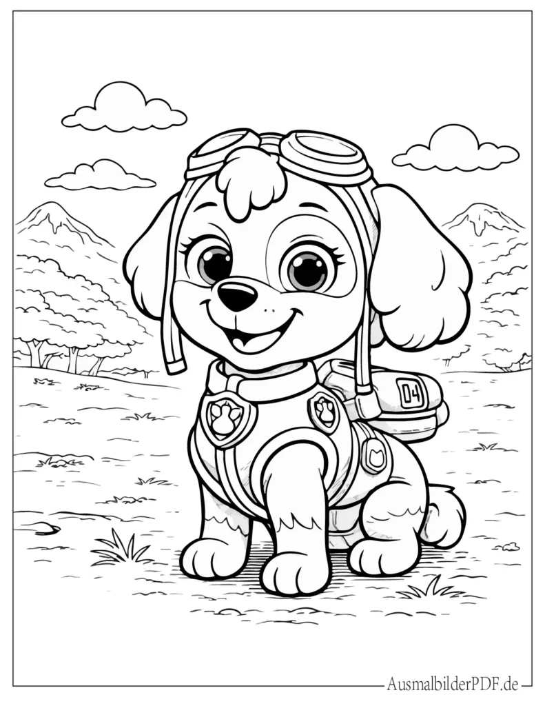 Malvorlage zeigt Skye aus Paw Patrol, kinderfreundliche ausmalvorlage zum Ausdrucken und Ausmalen