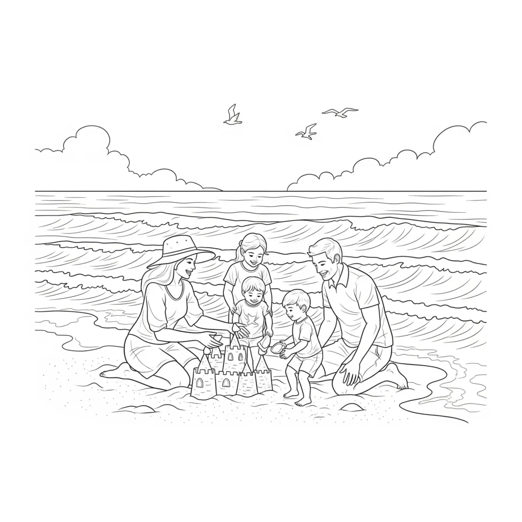 Kinder spielen fröhlich am Strand unter der Sonne mit Eimern und Schaufeln – sommer ausmalbilder zum ausdrucken kostenlos für kinder