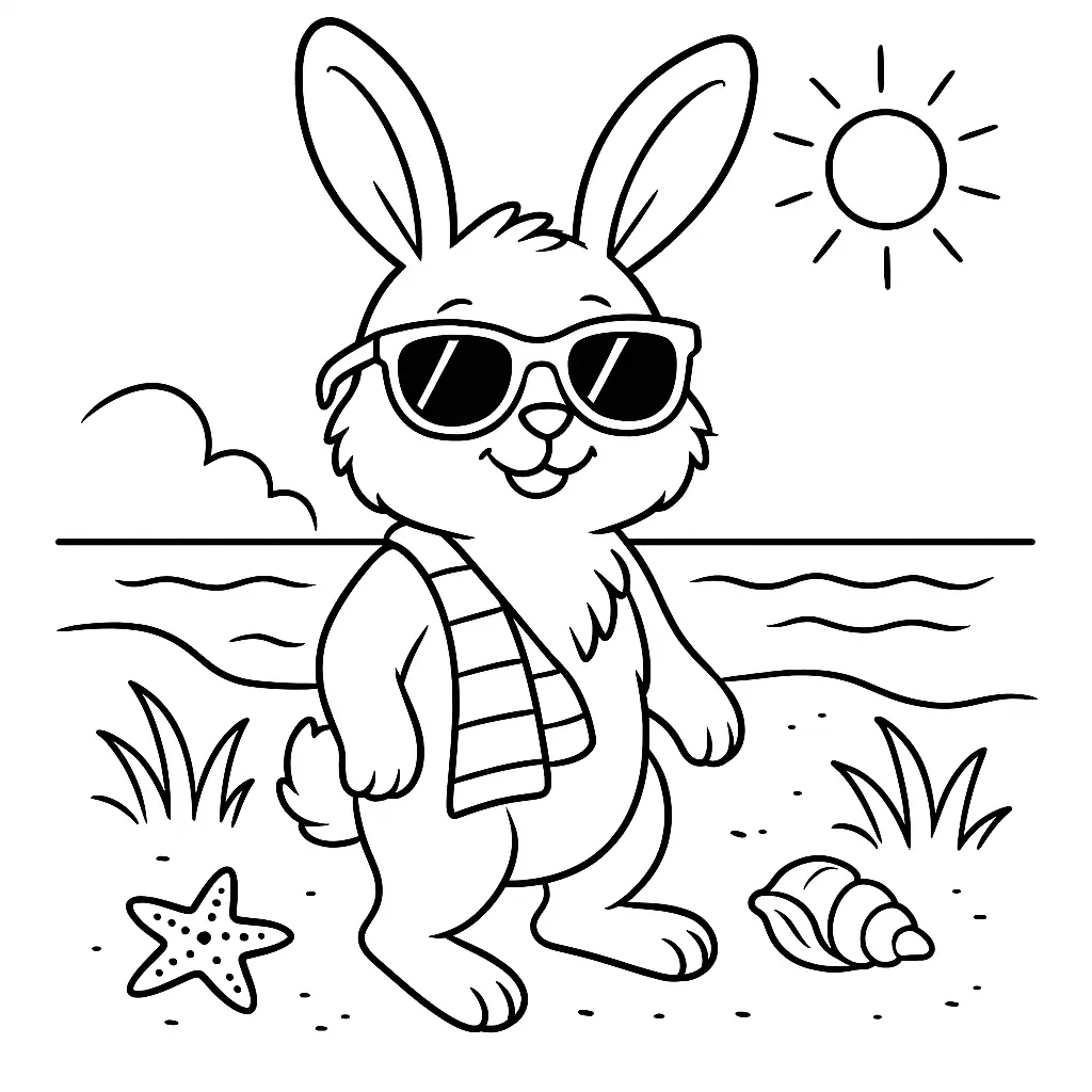 Ausmalbild eines Sommerhasen mit Sonnenbrille am Strand