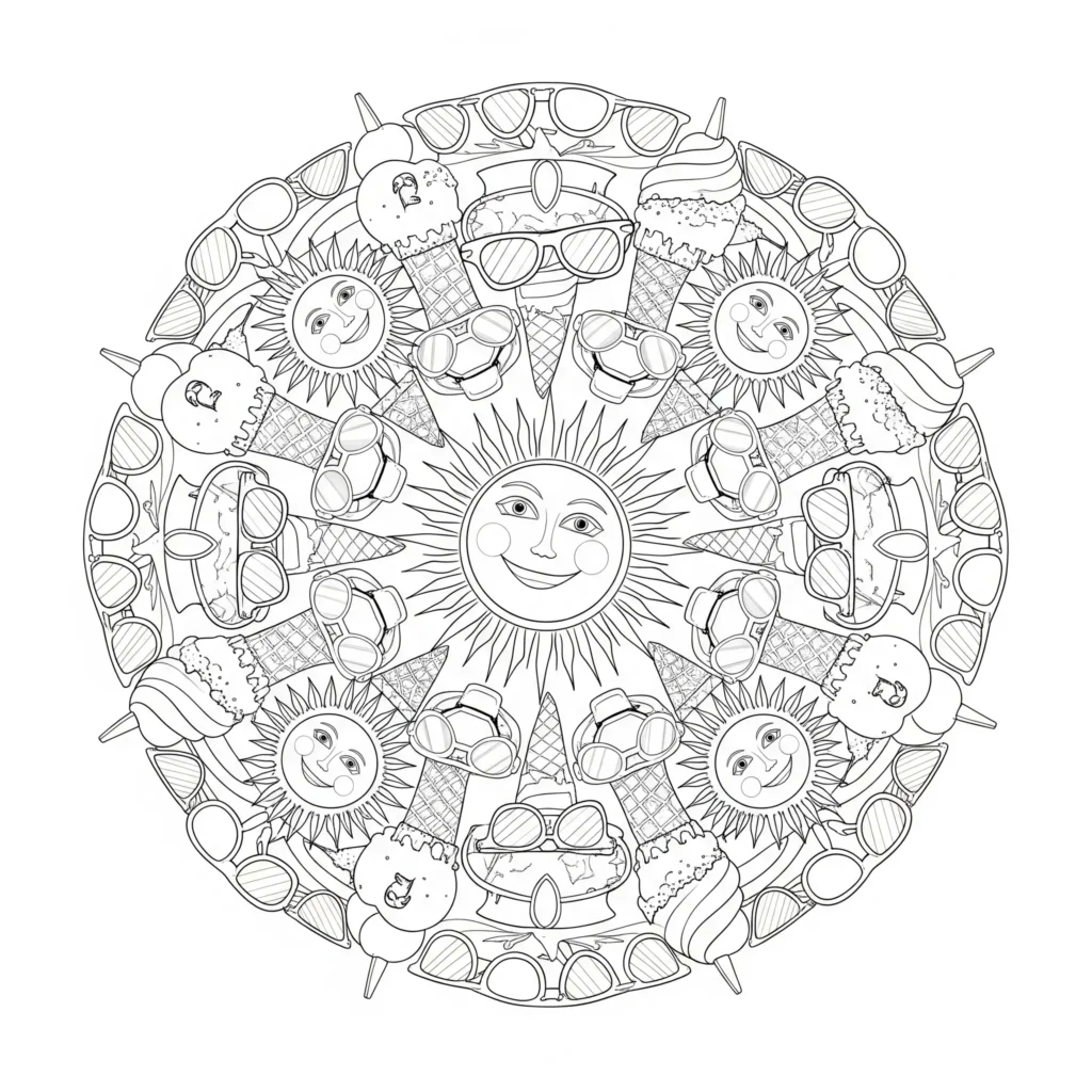 Ein symmetrisches sommer mandala mit blumenmustern sonne und wellenformen perfekt zum ausmalen sommer malvorlage zum ausdrucken