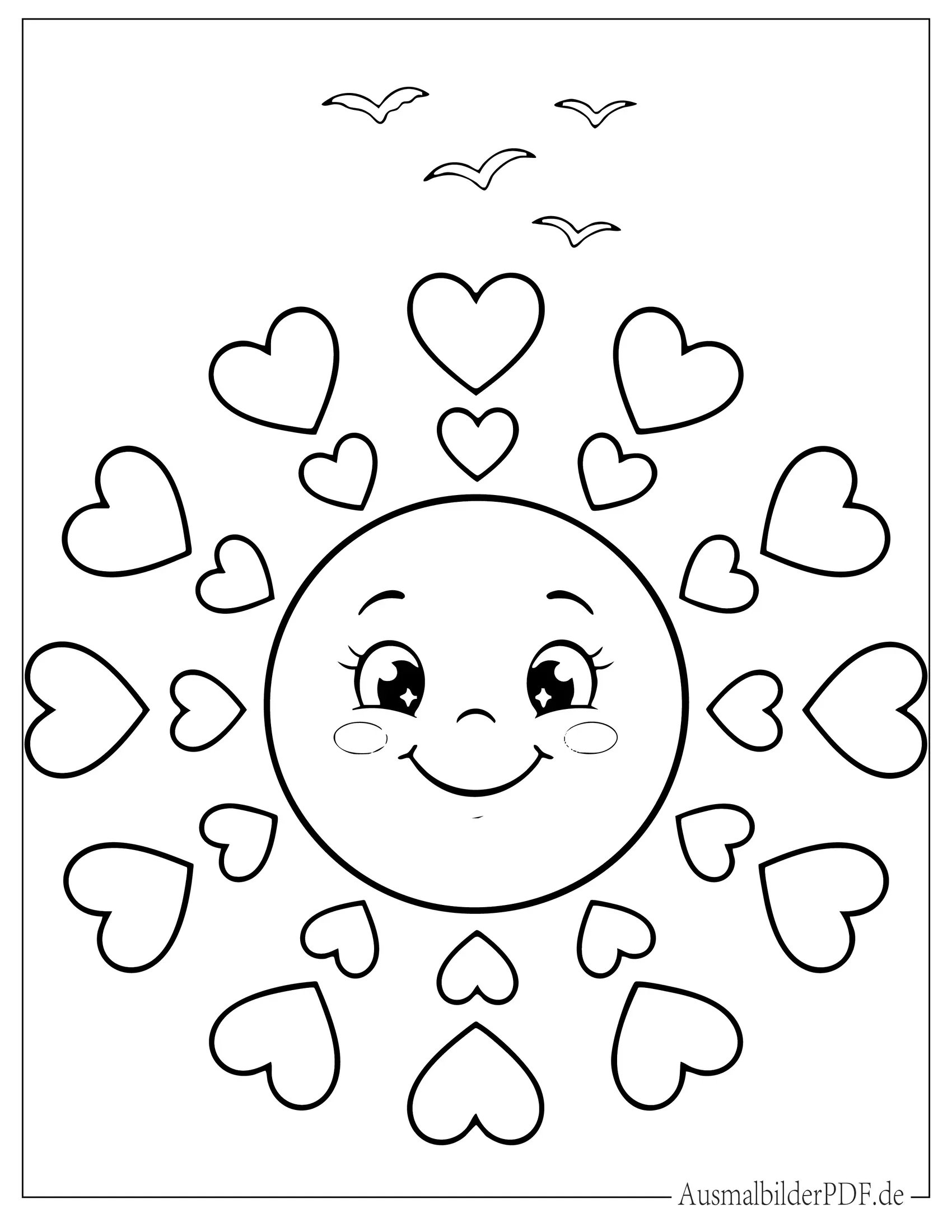 Einfache Sommersonne mit Herz Sonnenstrahlen Ausmalvorlage für Vorschulkinder