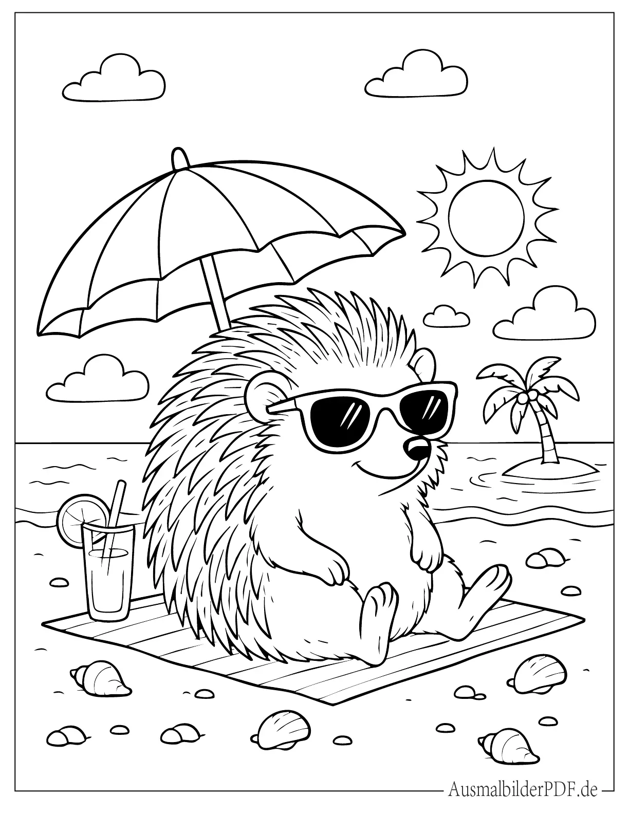 26 Ausmalbilder Igel (Kostenlose Druckvorlagen zum Download) Igel am Strand Sommer mit Sonnenbrille zum Ausmalen