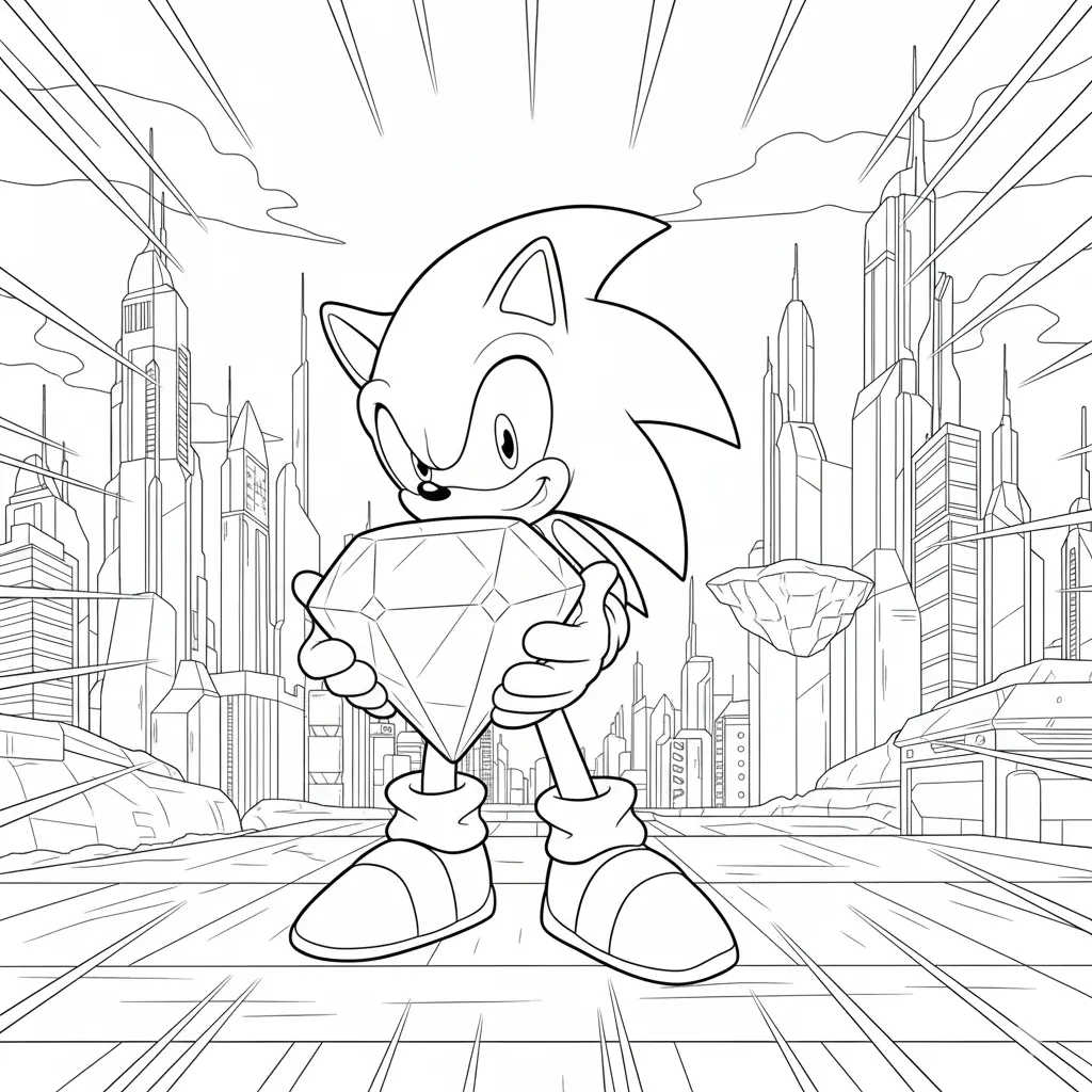 26 Sonic Ausmalbilder (Kostenlos Malvorlage zum Ausdrucken) Sonic steht stolz da und hält einen großen, funkelnden Chaos Emerald in seiner Hand. Ein schönes Ausmalbild für alle Sonic-Fans.