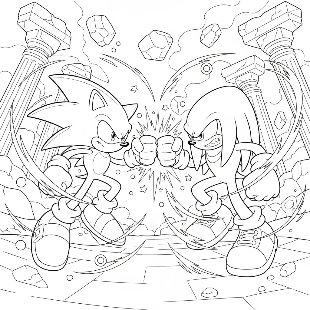 26 Sonic Ausmalbilder (Kostenlos Malvorlage zum Ausdrucken) Ein aufregendes Ausmalbild mit Sonic und Knuckles im Duell. Perfekt zum Ausdrucken und Ausmalen für echte Action-Fans.
