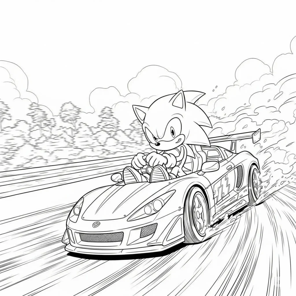 26 Sonic Ausmalbilder (Kostenlos Malvorlage zum Ausdrucken) Ein rasantes Ausmalbild mit Sonic im Rennwagen. Perfekt für Kinder, die Geschwindigkeit und Abenteuer lieben.