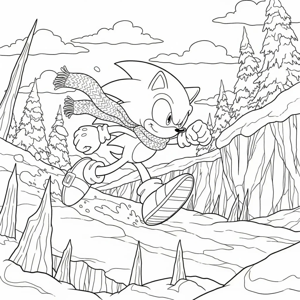 26 Sonic Ausmalbilder (Kostenlos Malvorlage zum Ausdrucken) Dieses winterliche Ausmalbild zeigt Sonic, wie er durch schneebedeckte Berge rennt. Kinder können den Schnee, Sonics blauen Pelz und die winterliche Landschaft farbenfroh gestalten.