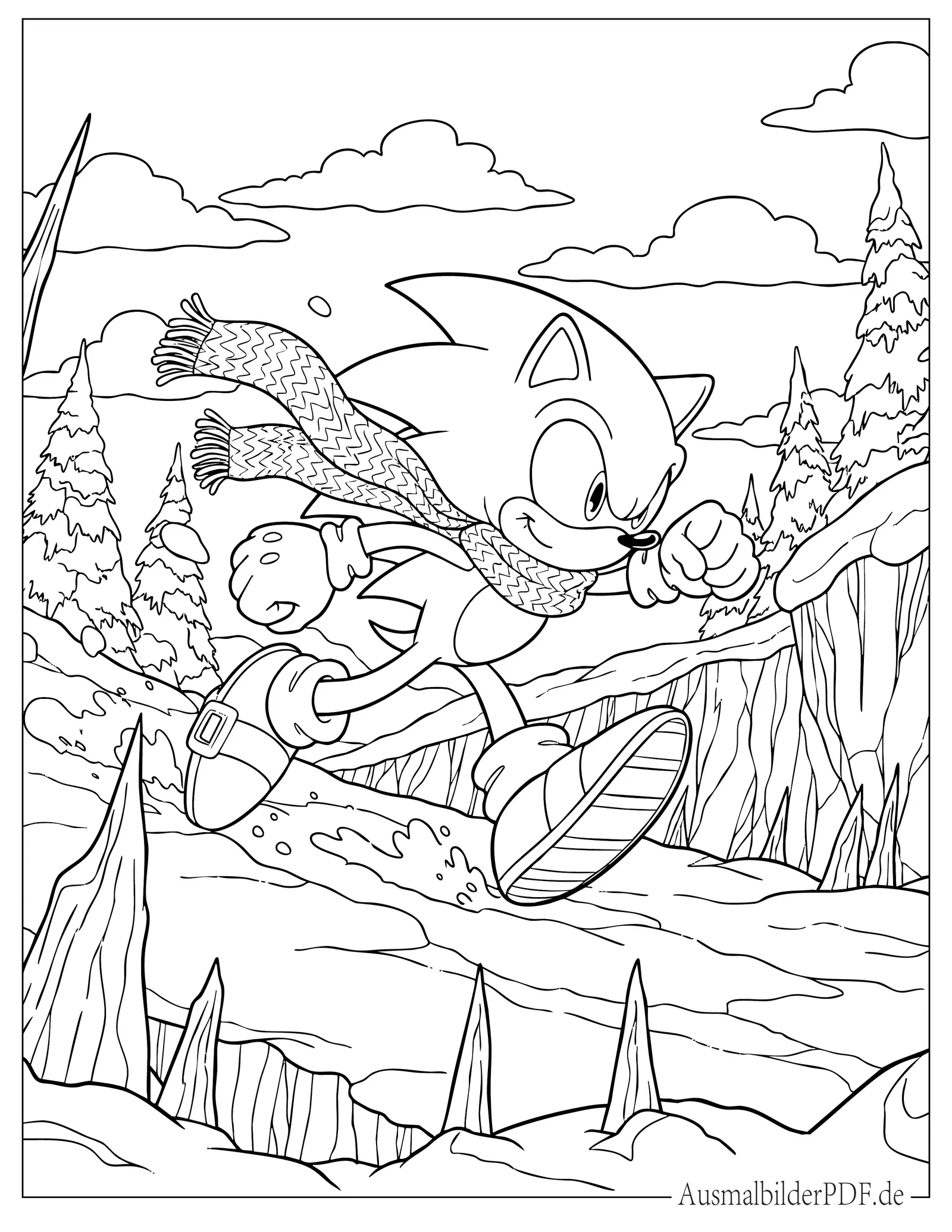 10+ Sonic Ausmalbilder (Gratis Malvorlagen zum Ausdrucken) Sonic the Hedgehog rennt mit voller Geschwindigkeit in verschneiten Bergen Ausmalbild