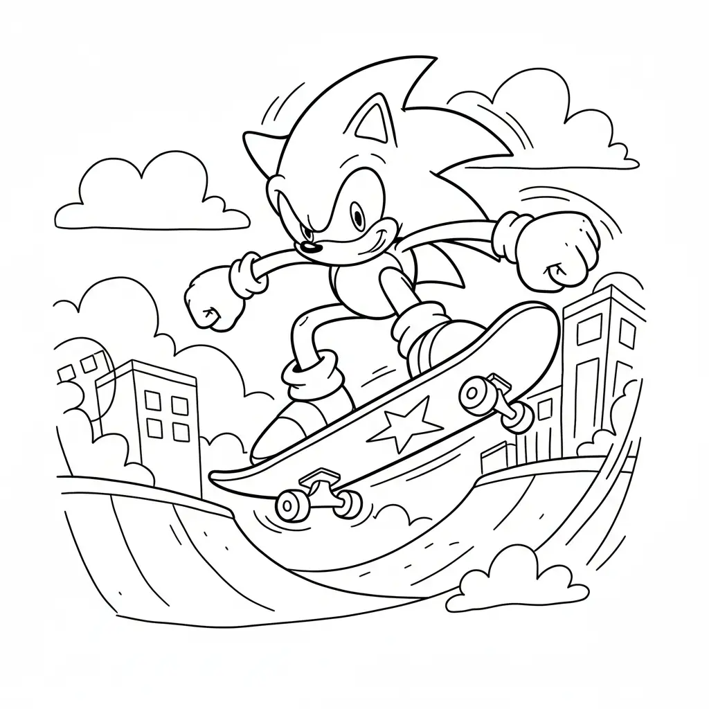 26 Sonic Ausmalbilder (Kostenlos Malvorlage zum Ausdrucken) Dieses dynamische Ausmalbild zeigt Sonic, wie er mit einem Skateboard durch die Stadt fährt. Kinder können seine Pose, das Skateboard und den Hintergrund farbenfroh gestalten.